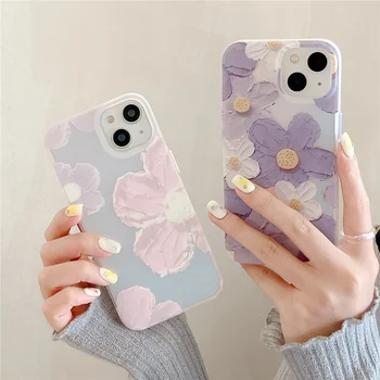 Korejas Eļļas Glezna purpura Ziedu Silikona Case For iPhone 14 13 12 11 14ProMax Luxury Double sided Kamera Aizsardzības Aizmugurējo Vāciņu