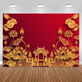 Laimīgu Jauno Gadu dzimšanas dienas Fons, Ķīnas Paviljons, Ziedu Sarkana Papīra Izgrieztu Mākslas Stilu Puse Rotājumi Fona Banner Fotogrāfija