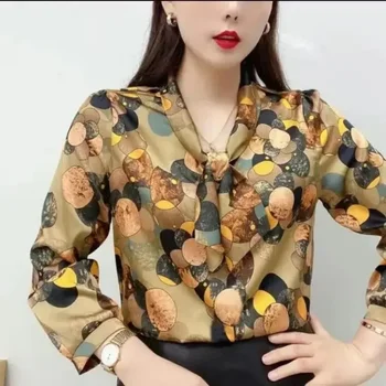 2023 Jauno Vasaras korejas Modes Vintage garām Piedurknēm Blūzes, Eleganti Žēlastību Estētisko Krekls Drukas Zaudēt V-veida kakla Savirmot Top Sievietēm