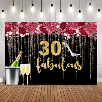 30. Dzimšanas dienu Pasakains Fons Fotogrāfijas Melnā, Sarkanā Ziedi Foto Fona Banner Šampanieti Apdare Piegādes Banner