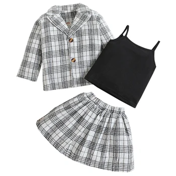 3Piece Rudens Baby Girl Apģērbu Bērniem Luksusa korejas Apģērbs Uzstādīt Modes Pleds Mētelis+Veste+Svārki Bērniem Boutique Apģērbu BC1877
