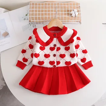 Baby Girl Apģērbu Rudenī, Ziemā Silts Meiteņu Džemperis Uzstādīt Mīlestība Trikotāžas Jaka Džemperis + Kroku Svārki 2gab Bērniem Princess Tērpi