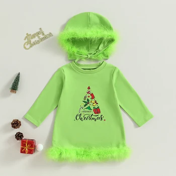 Baby Toddler Meitenes Ziemassvētki Kleita Ziemassvētku Gadījuma Kleita Bērniem Meitene Zaļā krāsā ar garām Piedurknēm Vēstuli Dāvanu Kastē Drukāt Kleitas ar Cepuri Apģērbs