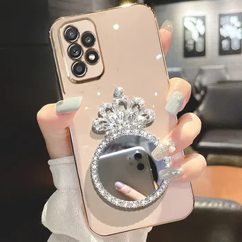 Diamond Crown Spogulis Case For Samsung A34 A54 A33 A53 A32 A33 A22 A13 A04S A02S A73 A50 A70 Mirdzēt Apšuvuma Mīksta Silikona Vāciņu