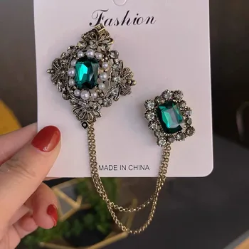 Eleganto Baroka Temperaments Rhinestone Piespraudes Sievietēm Luksusa Green Crystal Komplekts Pušķis Ķēdes Dizaina Atloks Pin Vintage Rotaslietas