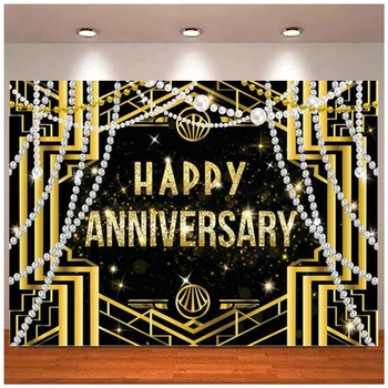 Gatsby Laimīgs Jubileju Fons, Kāzu, Dzimšanas dienu Pāris 1920 Balli Puses Banner Piegādes Black Gold Diamond Pearl Fona