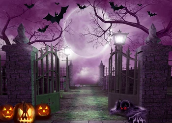 Halloween Fons Fotogrāfijas Šausmu Nakts Ķirbju Purple Moon Bat Galvaskausa Fona Dekors Banner Foto Studijas Stends Aksesuāri