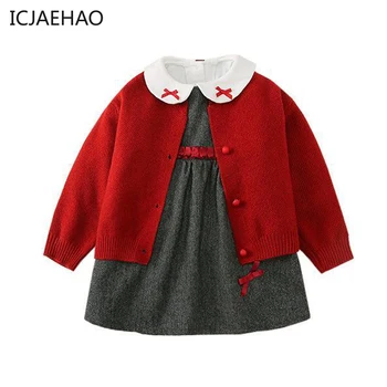 Jauno Gadu Baby Girl Dress Komplekti Pirmās Dzimšanas dienas svinības Džemperis Uzvalks 3pcs Bērni Sarkana Adīta Jaka+Balta Blūze+bez Piedurknēm Kleitas