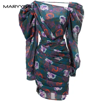 MARYYIMEI Modes Dizainere Pavasara Sieviešu kleita pa Diagonāli apkakles Puff Piedurknēm Ruched Drukāt sexy Paketi hip Kleitas