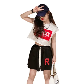 Modes korejas Bērnu Apģērbs Vasaras Vēstuli Drukāt bez Piedurknēm T-krekls + Elastīga Vidukļa Bikses 2gab Streetwear Apģērbs 4-14 Gadiem