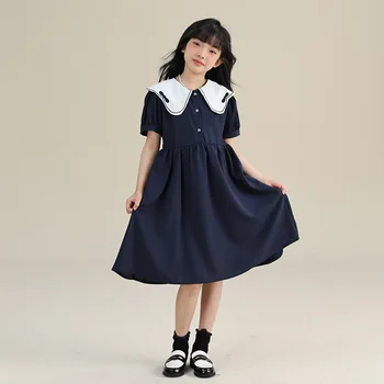 MODX korejiešu Kleita Meitene Vasarā 10 12 Gadus Vecs Elegants Tumši Zila Kleita Bērnu Skolas Drēbes Pusaudzis