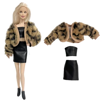 NK 1 Komplekts Noble kleita lelle: rokas mākslīgā kažokāda + Melns TOPS+ādas imitācijas svārki Barbie Lelle 1/6 Modes Apģērbu, Rotaļlietas