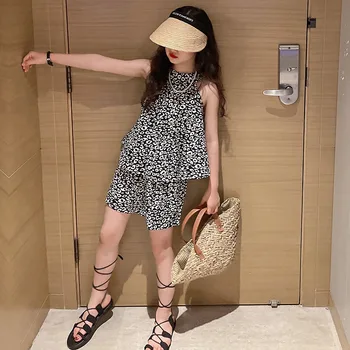 Vasarā Meitenes Leopards Drukāt Apģērbu Komplekti Jaunu korejiešu bez Piedurknēm Topi + Šorti Streetwear Atdzist Meitene Plānas Tērpiem 4 6 7 8 10 11 12Y