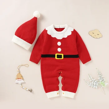 Ziemassvētku Baby Romper Trikotāžas Jaundzimušo Meitene Zēns Silts Jumpsuit Cepure ar garām Piedurknēm Ziemas Zīdaiņiem un Bērniem Ziemassvētki Apģērbs no 0-18M 2PC (Dungriņi)