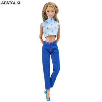 Zila Modes Apģērbu Komplekts Barbie Lelles Apģērbu ar Augstu Apkakli, bez Piedurknēm Star Print Īsi Topi Ilgi Zīmuli Bikses Bikses DIY