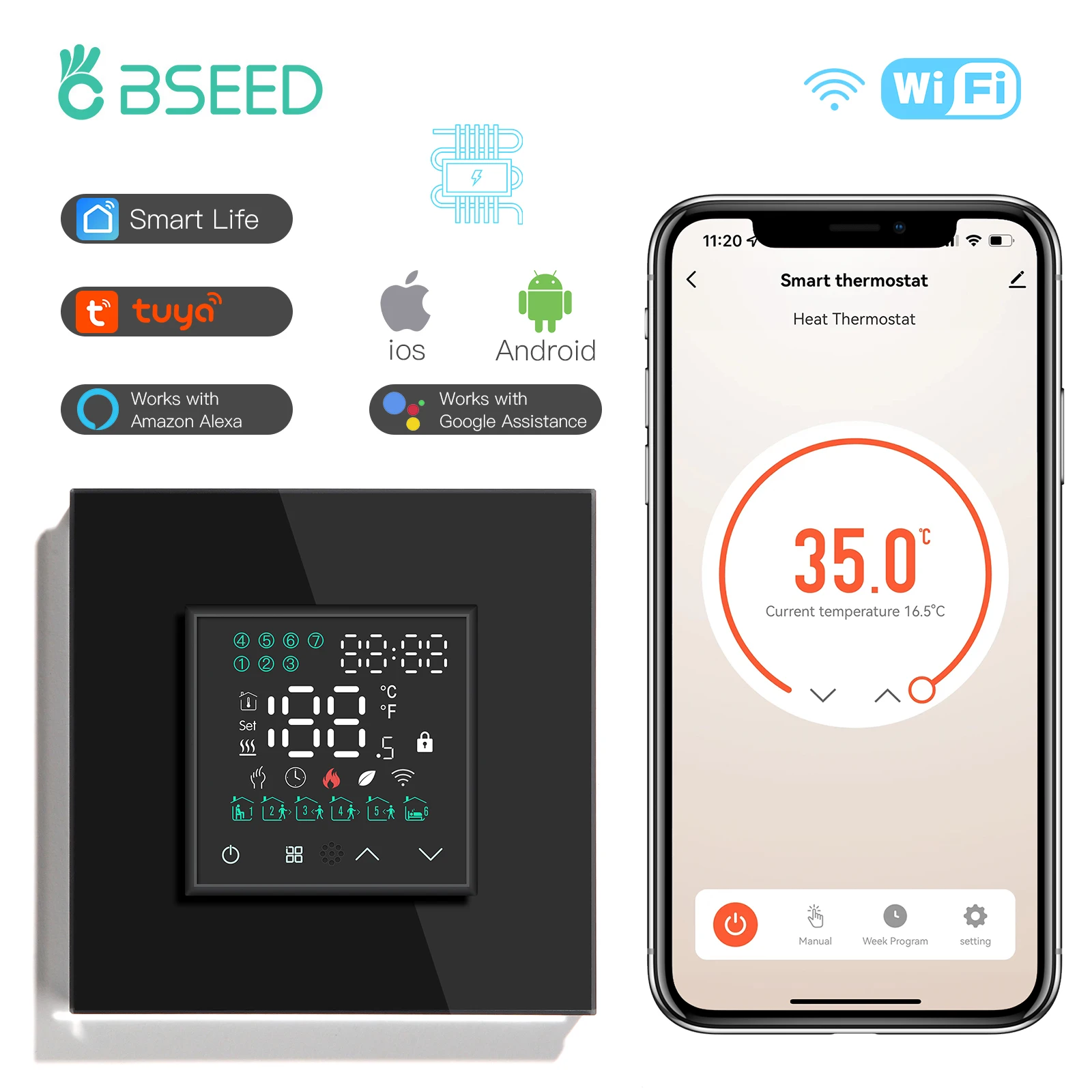 BSEED LED Touch Ekrāns, WIFI Elektriskās Grīdas Apkures Ūdens Katlu Telpas Termostats Alexa Temperatūras Kontrolieris Apgaismojums Tuya App